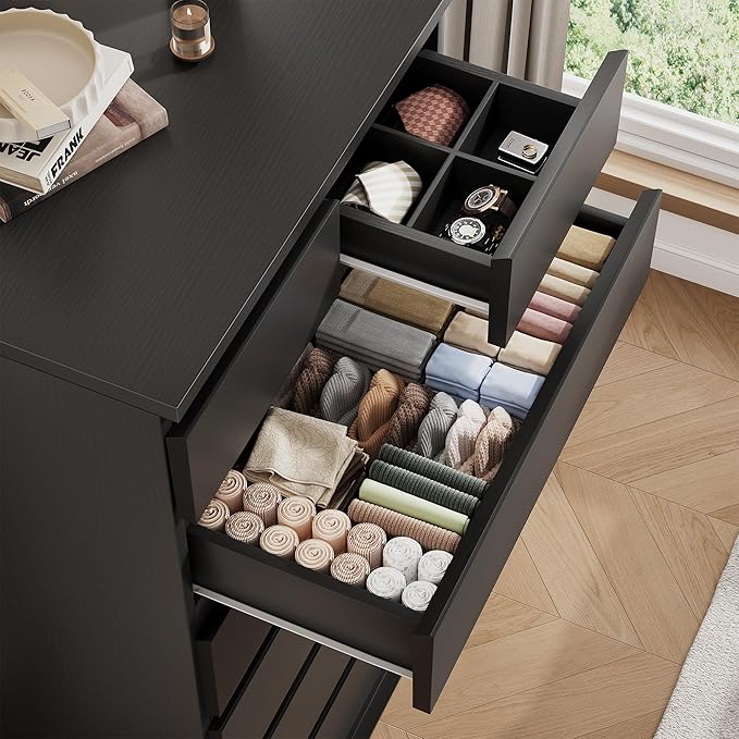 Black Tall 7 Drawer Dresser for Bedroom, Modern Wood Closet Dressers & Chests of Drawers with Jewelry Storage, 23.6" L*15.8" W*47.5" H in Large Vertical Dresser for Bedroom, Living Room, Nursery