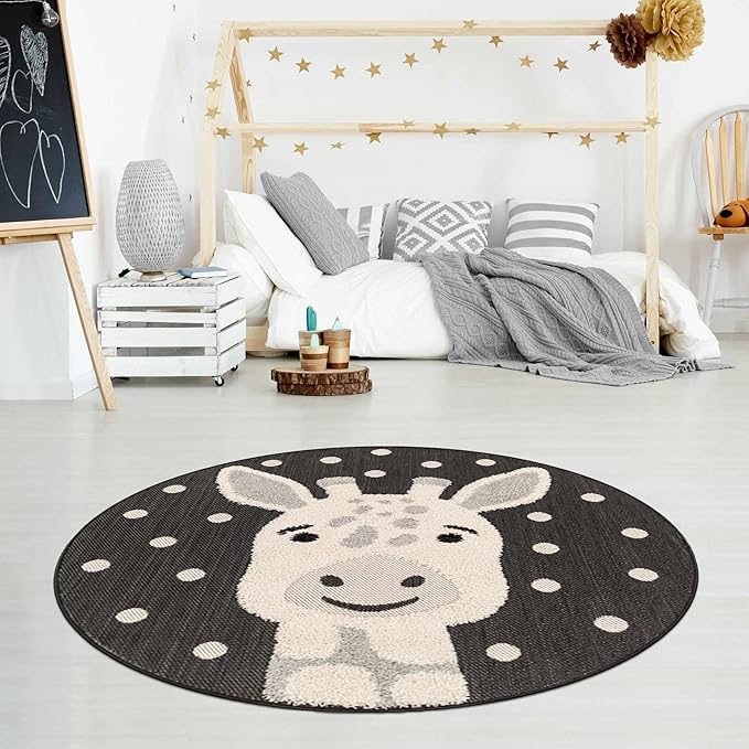 Hauteloom Kids Room, Nursery Round Area Rug - Outdoor Patio Safe - Animal Baby Giraffe Playroom Carpet - Beige, Gray, Black, Cream - 7'10"