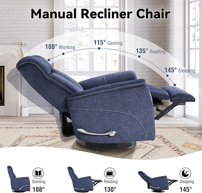 360° Swivel Rocking Recliner, Manual Comfy Nursery Glider Rocker Chair for Indoor Bedroom, Upholstered Soft Fabric Living Room Reclining Chair with Lumbar Support for Adults (Blue)