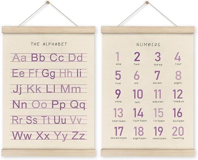 HRQKO Alphabet Numbers Poster Hanger Frame Set of 2, Girls Nursery Wall Decor, Boho ABC Poster Wall Art with Wooden Frames, Purple Alphabet Banner Wall Hanging Decor for Toddler Playroom, 12x16 Inch