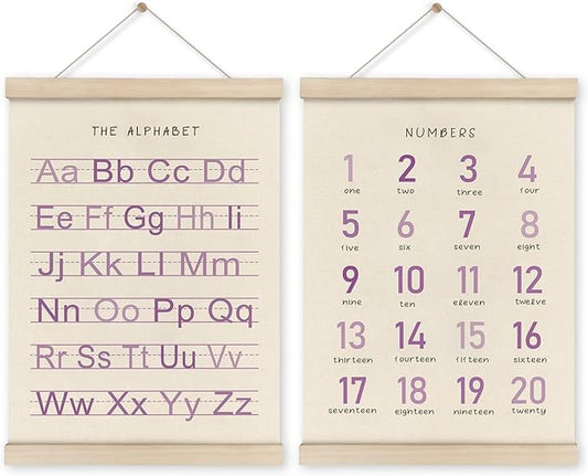 HRQKO Alphabet Numbers Poster Hanger Frame Set of 2, Girls Nursery Wall Decor, Boho ABC Poster Wall Art with Wooden Frames, Purple Alphabet Banner Wall Hanging Decor for Toddler Playroom, 12x16 Inch