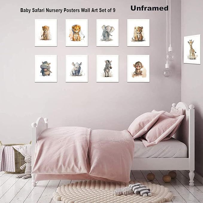 SEHSUVC Safari Nursery Posters Wall Art Set of 9, Cute Animal Canvas Wall Decor Painting, Woodland Jungle Nursery Picture Prints for Baby Boys and Girls Room Nursery Home Decor 8x10In Unframed