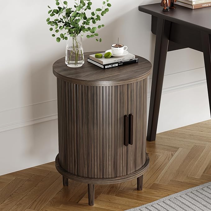 20 Inch Round Side Table,Wood Fluted End Table with Storage, Mid Century Modern Night Stand for Bedroom, Living Room and Apartment
