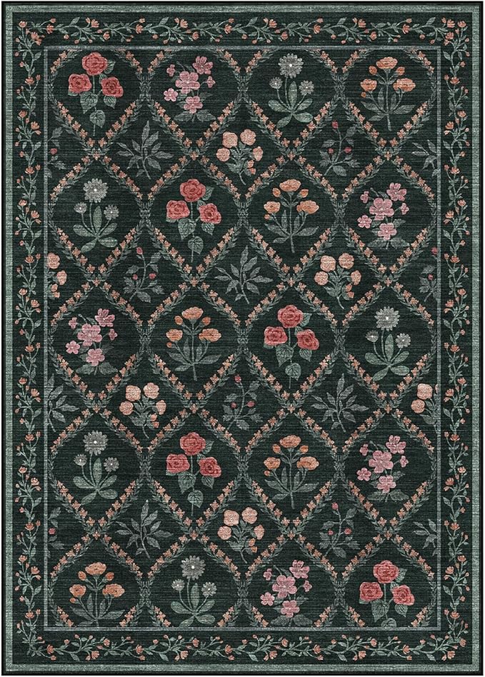 Green 5x7 Floral Rug Washable Area Rug, Non Slip Vintage Boho Rug for Bedroom, Stain Resistant Low Pile Floor Carpets for Living Room Dining Room Home Office,Dark Green