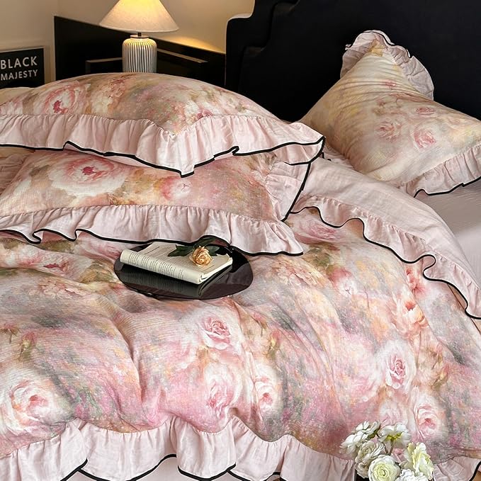 HighBuy Rose Floral Duvet Cover Twin Size,Linen Cotton Soft Coquette Ruffle Flower Bedding Duvet Cover Set,Jacquard Yarn-Dyed Shabby Chic Farmhouse Duvet Cover and Pillow Shams,Pink - Twin