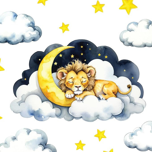 Boho Nursery Wall Decals - Dreamy Watercolor Lion Sleeping on Cloud | Multi-Piece Set with Clouds, Moon & Stars | Removable Fabric Wall Art for Kids Room