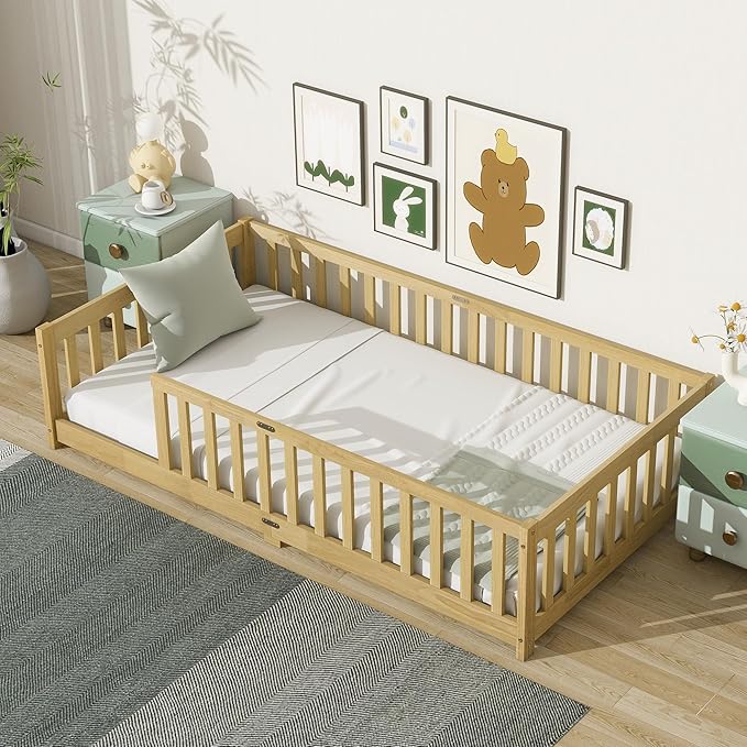 Ball & Cast Twin Size Floor Bed Frame,Montessori Floor Bed with Safety Fence,Wood Platform Toddler Bedframe for Girls Boys,Bedroom,Playroom,Easy Assembly & No Box Spring Needed,Natural