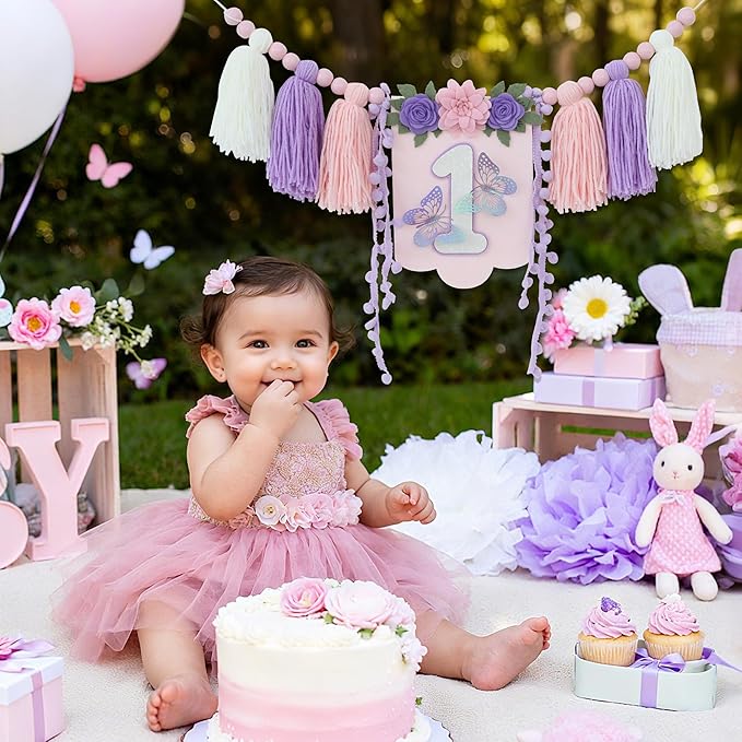 Handmade Butterfly Wildflower 1st Birthday High Chair Banner Purple Pink Floral Theme Party Decoration For Girls Wall Hangings Decorative