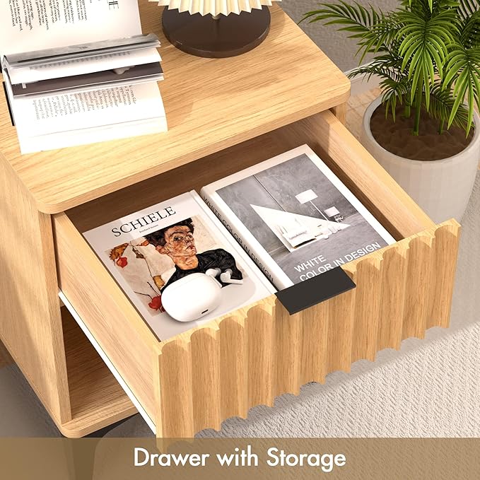 Night Stand, Two-Tier Modern Bedside Table with Open Shelf (Natural)