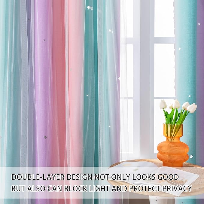 XiDi Girls Blackout Curtains 108 Inches Long for Bedroom, Room Darkening Grommet Window Ombre Curtains 2 Panel Sets, Kids Unicorn Princess Theme Decor Colorful Rainbow Design Pink Purple Green 34x108