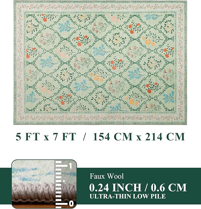 YIHOUSE 5x7 Washable Rug for Bedroom, Green Floral Rugs for Living Room Non Slip Ultra-Thin Large Boho Rug for Kids Playroom, Classroom, Girls Dorm, Nursery, Green Multi