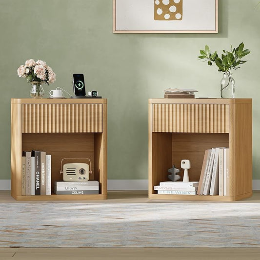 Fluted Nightstand Set of 2 with Charging Station, 21.7" Wide Modern Bedside Table with 1 Drawers Open Storage Cabinet, Wooden End Table for Bedroom, Natural Oak