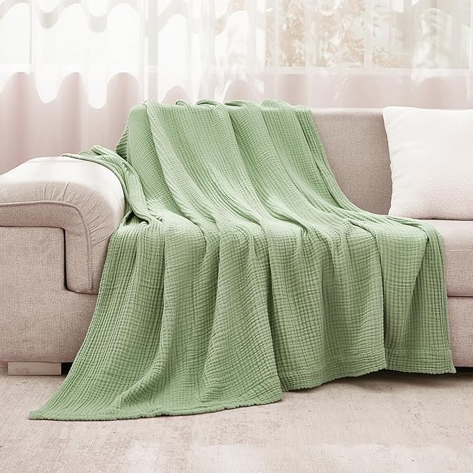 EMME Cotton Muslin King Blanket Big Oversized Bed Layering Bedspread Coverlet Breathable Gauze Soft Lightweight Blankets (Sage Green, 120"x94")