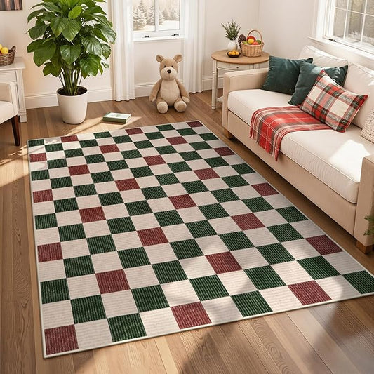 Machine Washable 5x7 Area Rugs for Living Room Christmas Clearance Checkered, Non Slip Low Pile Farmhouse Modern Neutral Playroom Boys Rugs for Bedroom, Carpet Rugs for Dining Room(Christmas,5'x7')