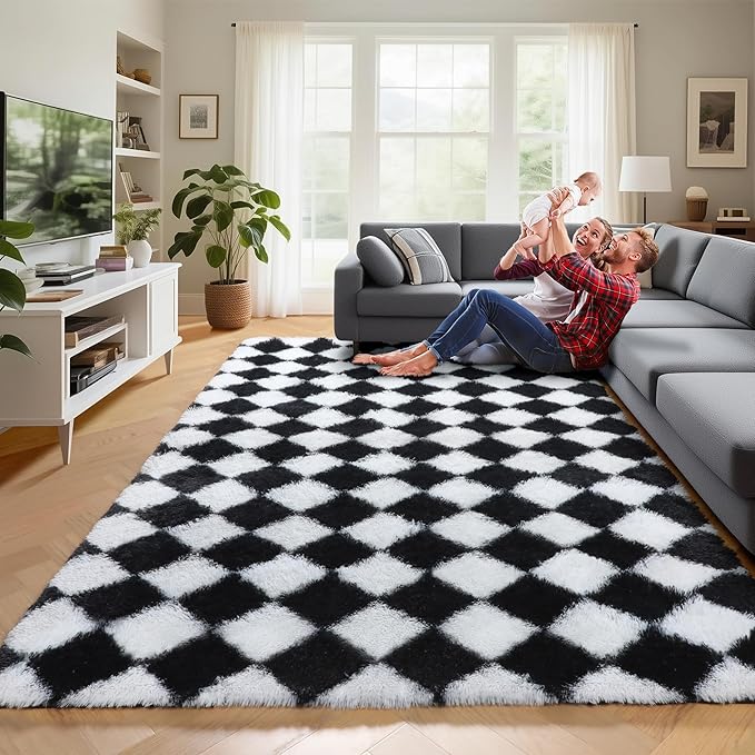 KICMOR 5x7 Area Rugs for Living Room Bedroom, Black and White Fluffy Soft Checkered Fuzzy Shag Shaggy Carpet, Indoor Plush Large Rug for Kids Boys Girls Teen Dorm Nursery Home Decor Aesthetic