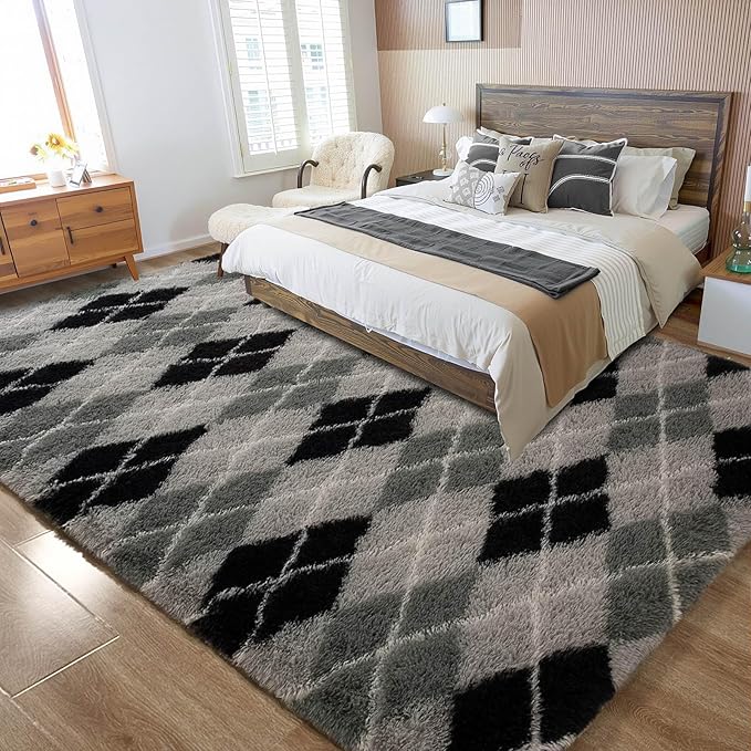 Meralax Black and Grey Checkered Area Rug, Geometric 4x6 Soft Fluffy Rugs for Living Room Bedroom, Machine Washable Shaggy Rugs Indoor Floor Carpet for Kids, Girls, Dorms, Home Decor Aesthetic