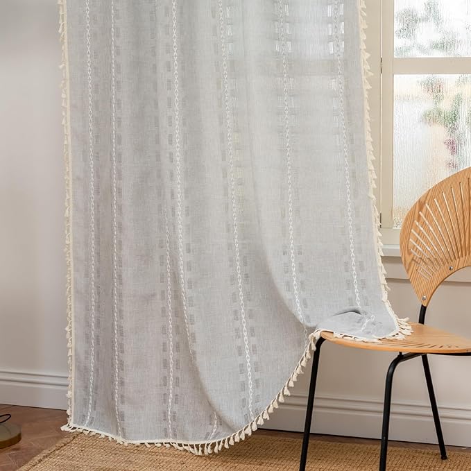 Deeprove Silver Grey Boho Curtain 72 inches Length for Bedroom Laundry Room Bathroom Antique Bohemian Light Gray Sheer 72 inches Long Stripe Embroidery Privacy Window Tassel Decor W52 x L72, 1 Panel