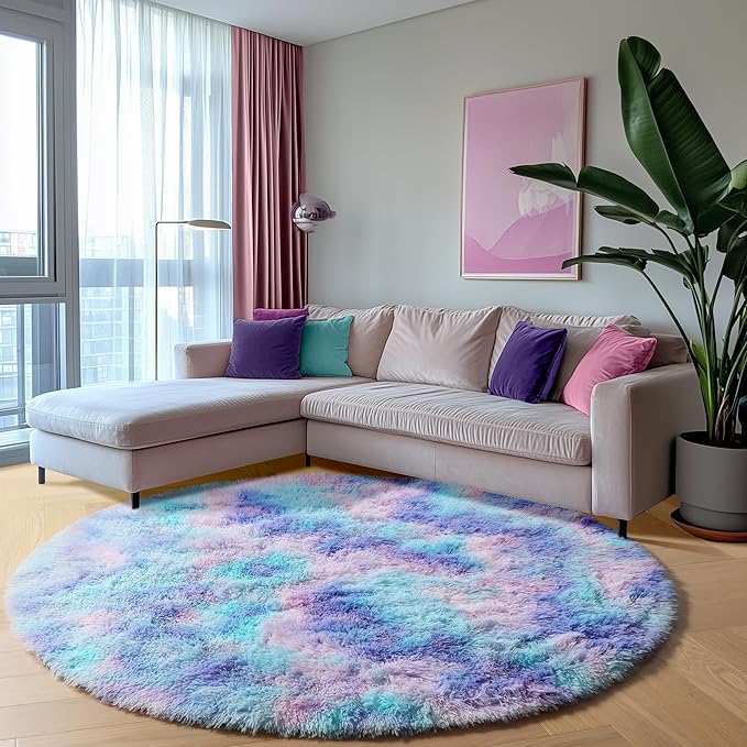 ONASAR Rainbow Round Area Rug 4ft, Soft Bedroom Circle Throw Rugs for Kids Girls Boys Teen Dorm Room, Fluffy Plush Shaggy Carpet Mats for Nursery Living Room Playroom Home Decor Princess Castle