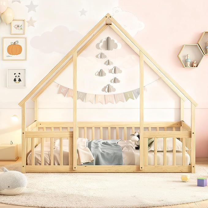 Casaphoria Full Size House-Shaped Montessori Bedframe, Solid Pine Wood Kids Bed Frame, Toddler Floor Bed with Door & Fence for 1-3 Years Old Kids, Natural