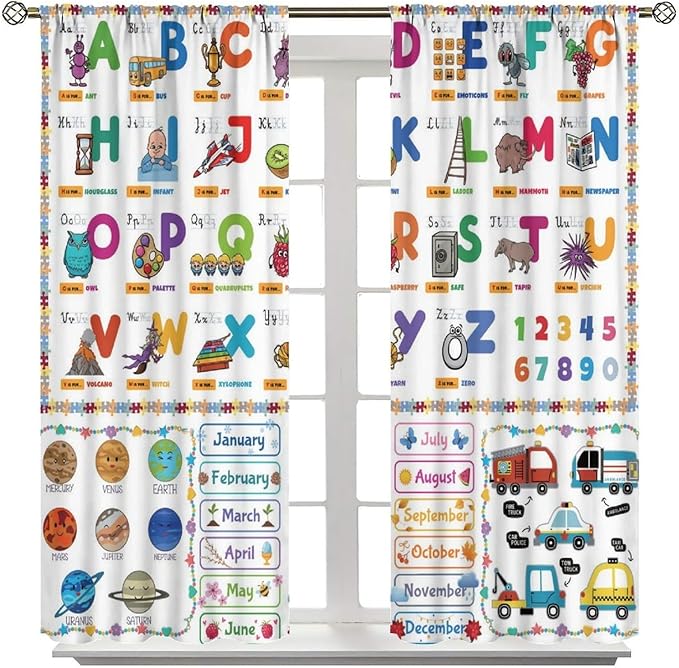 Alphabet Curtain for Kids Room ABC Letter Educational Learning Animal Number Printed Rod Pocket Blackout Window Drapes for Bedroom Playroom Classroom 72" W X 63" L