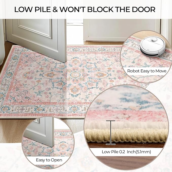 Machine Washable Rugs Nursery Rug 5x7 Cute Girl Non Slip Low Pile Water Repellent Soft Print Pattern for Bedroom Indoor Decor Kids Playroom Pinkteal