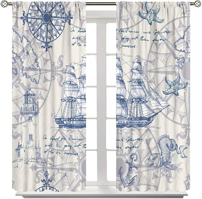 Nautical Sailboat Map Curtain,Ship Compass Lighthouse Anchor Decorative Curtain Polyester Fabric Waterproof Bedroom Curtain Set 2 Panels,42x54 Inches