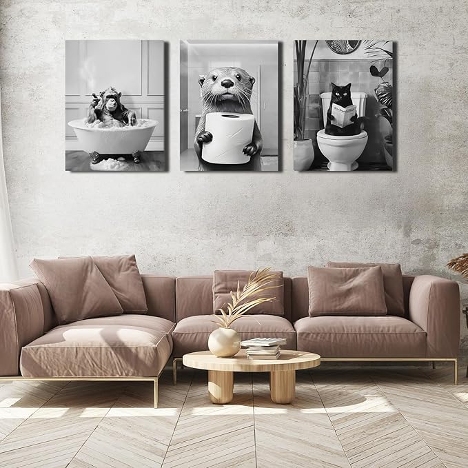 Framed Black and White Bathroom Wall Decor, Funny Animals Canvas Wall Art, Cute Otter Holding A Roll of Toilet Paper, Chimpanzee in Bathtub and Cat Reading Newspaper on the Toilet Pictures 16'' x 12''