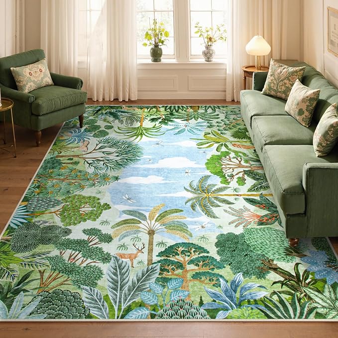 Lahome Summer Jungle Rug, Washable Rugs 5x7 for Bedroom, Green Forest Soft Carpet for Living Room, Summer Season Non Slip Non Shedding Dining Room Carpet for Under Table Classroom Entryway