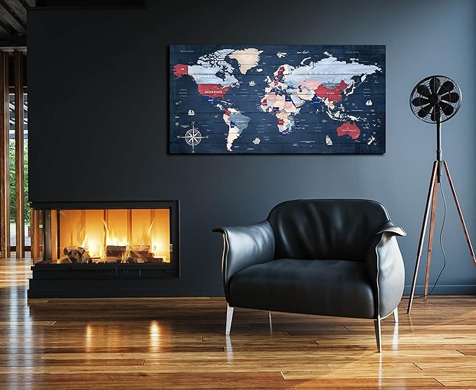 ZHAOSHOP World Maps for Wall - Blue Wall Decor for Living Room - World Map Canvas Wall Art Ready to Hang Size 59" x 29"