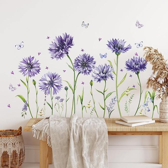 Purple Floral Wall Sticker Peel and Stick Flower Butterfly Wall Decal Green Plant Leaf Wall Art Mural Daisy Flowers Wall Stickers for Bedroom Decor
