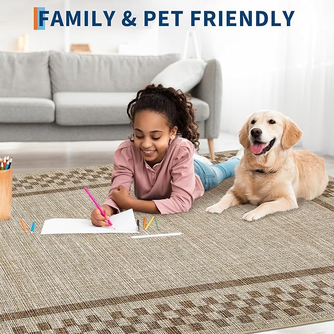 Washable Runner Rug 2x10 Modern Bordered Hallway Runner Rug Non Slip Kitchen Throw Carpet Checkered Bathroom Entryway Runner Rugs Low Pile Solid Area Rugs for Living Room Bedroom Nursery Sink, Taupe