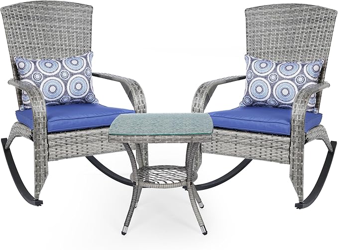 Modern Outdoor Patio Set - 3 Piece Wicker Rocking Chairs with Cushions & Glass Coffee Table - Grey/Blue