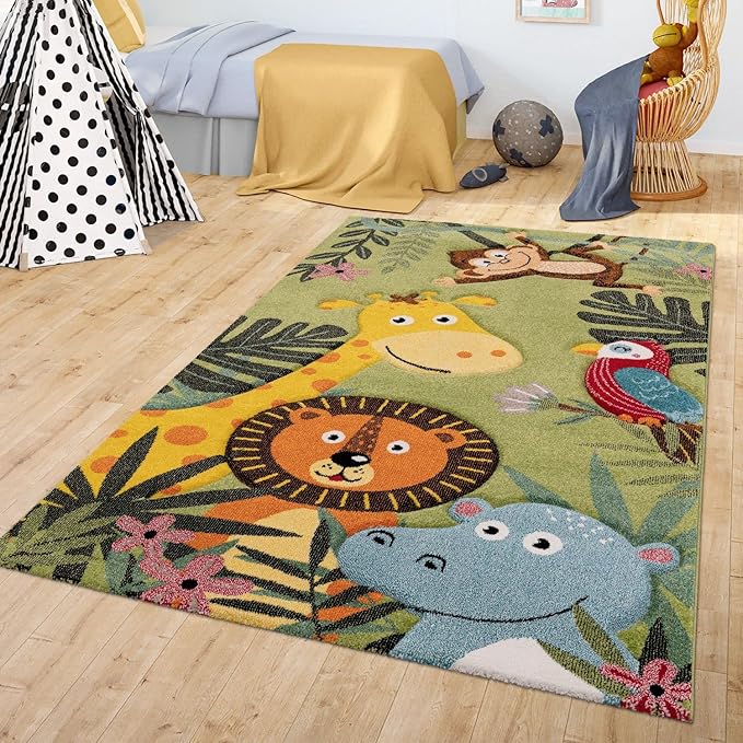 Paco Home Kids Rug with Happy Jungle Animals in Green, Size: 6'7" x 9'6"