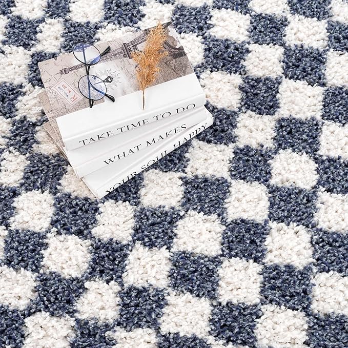 Hauteloom Kieu Contemporary Checkered Fluffy Shag Area Rug - Modern Geometric Soft Carpet Tiles for Living Room, Kids Room, Nursery - White, Blue - 8'10" x 12'