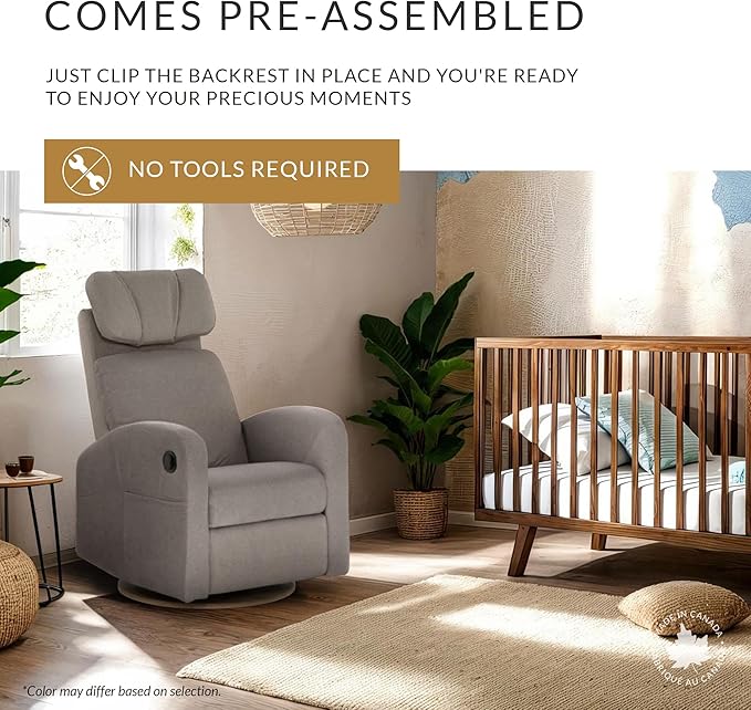 Jaymar Hailey Modern Nursery Glider Recliner Chair (Manual) – Cozy Nursing Chair with 360° Swivel for New Parents, High Back & Low Armrests, Adjustable headrest, Canadian Made (Arlo Heather Pearl)