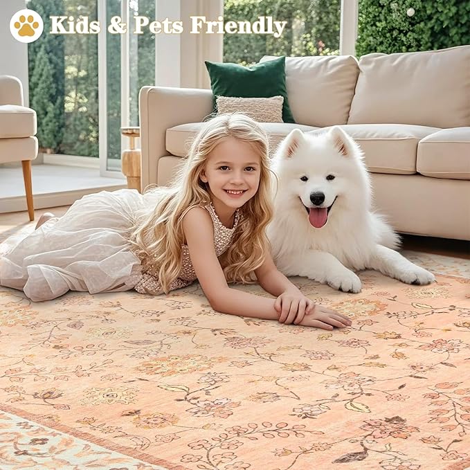 9x12 Rugs for Living Room, Orange Washable Floral Area Rug for Bedroom, Soft Non Slip Indoor Low Pile Carpet for Kitchen Dining Room, Large Boho Throw Carpets for Kids Nursery Office Dorm Home Decor