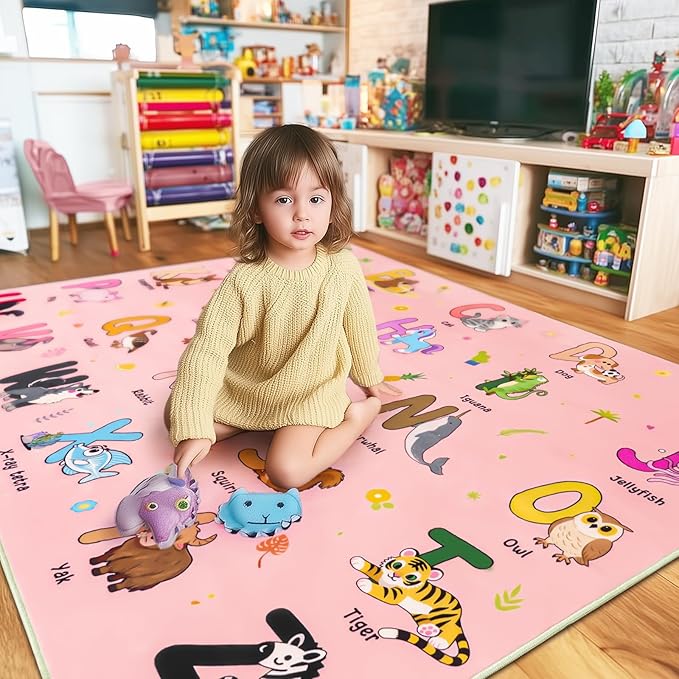 Kids Rugs for Playroom, 8x10 Ft Educational Rug for Learn The ABC Alphabet, Soft Machine Washable Non-Slip Cute Cartoon Animals Carpet for Classroom Toddler Nursery Kids Room Decor, Pink