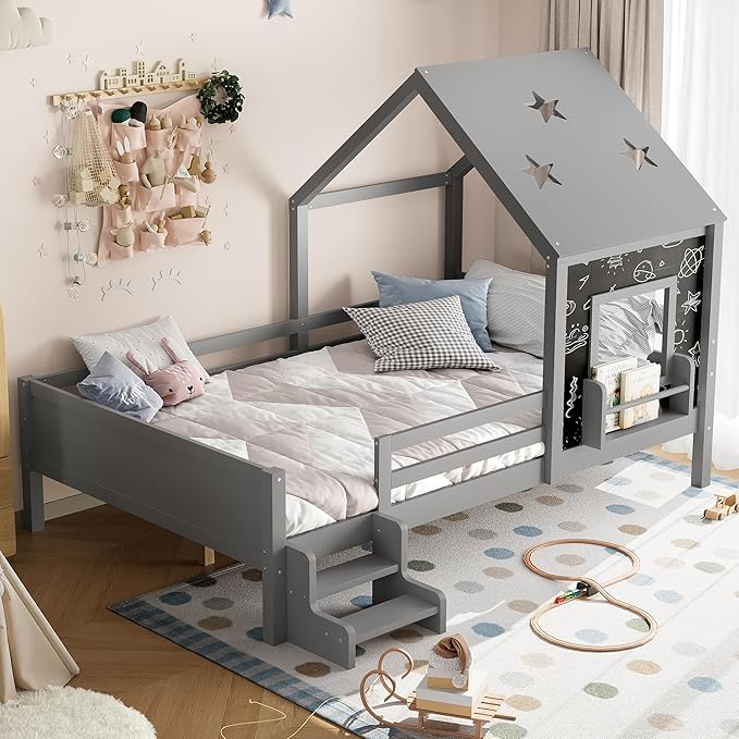 Bellemave Full House Bed with Rails or guardrails and Bookcase, Wooden Full House Shape Platform Bed for Boys, Girls, Teens, Gray