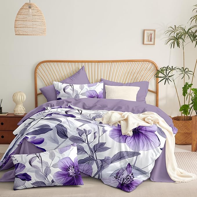 Nayoroom Purple Floral Comforter Set Twin Size Lavender Blooming Flower Leaf Printed Spring Comforter 2 Pcs Soft Lightweight Cottagecore Bedding Set for All Seasons (1 Comforter, 1 Pillowcase)