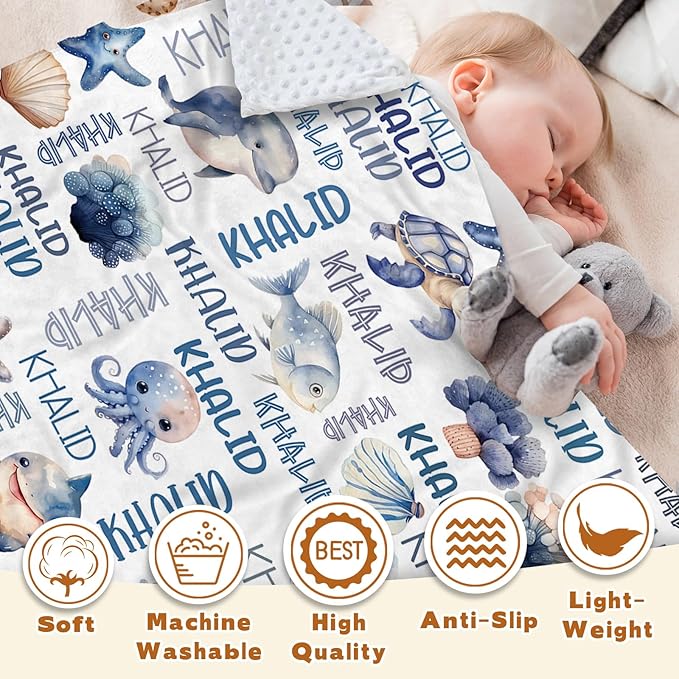 Personalized Baby Blanket with Name, Customized Blanket for Newborn Boys Girls, Ocean Animals Flannel Baby Name Blanket with Dotted Backing, Receiving Swaddle, Gifts for New Parents(47" x60)