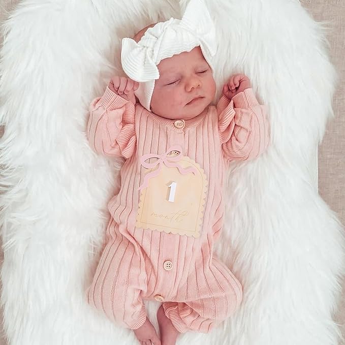2 Pcs Baby Monthly Milestone Cards - Wooden Photo Props for Newborn, First Year Keepsake (0-12 Months) - New Mom Present, Boy Girl Announcement Sign (Pink Bow)
