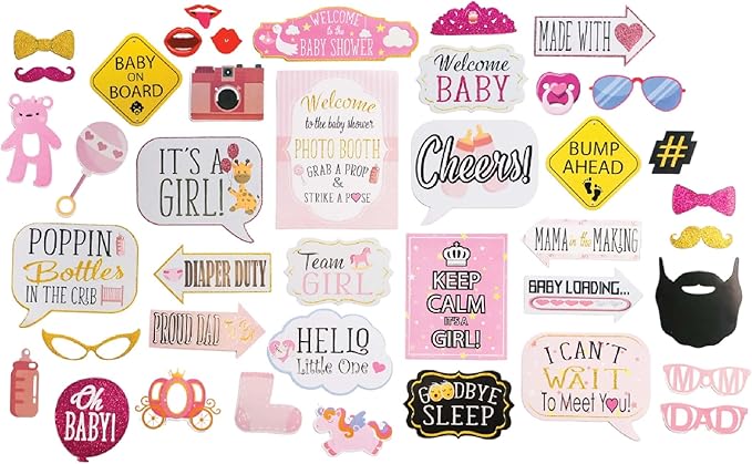 Girl Baby Shower Photo Booth Props - 41-pc Photobooth Kit with 8 x 10-Inch Sign, 60 Adhesive Pads, 45 Sticks - Baby Photo Booth Props Girl - Photo Props for Baby Shower