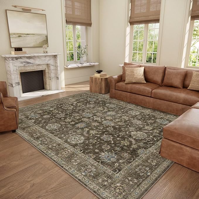 Washable 8x10 Area Rugs for Living Room, Boho Non-Slip Vintage Distress Large Rugs for Bedroom Dining Room Nursery Office, 0.3" Neutral Oriental Throw Thin Carpet, Tan/Flaxen/Multi