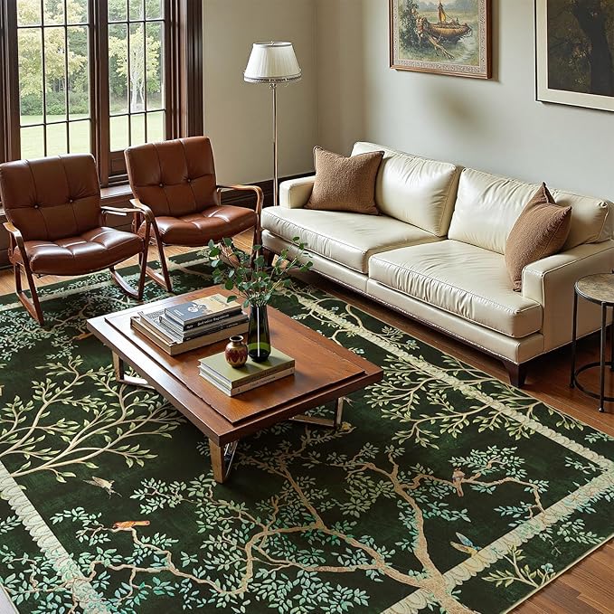 jinchan Yarden Botanical Birds 8x10 Moss Green Christmas Area Rugs for Living Room - Washable Non-Slip Soft Nature Plants Modern Kids Carpet,Vintage Low Pile Indoor Rug for Bedroom Nursery