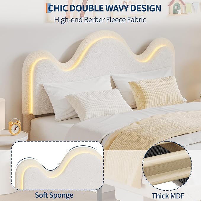 IDEALHOUSE Queen Bed Frame with LED Headboard and Under-Bed Drawer, Metal Upholstered Platform Bed with LED Light for Kids, Girls, Lamb Fleece Fabric, Wooden Slats Support, No Box Spring Needed, White
