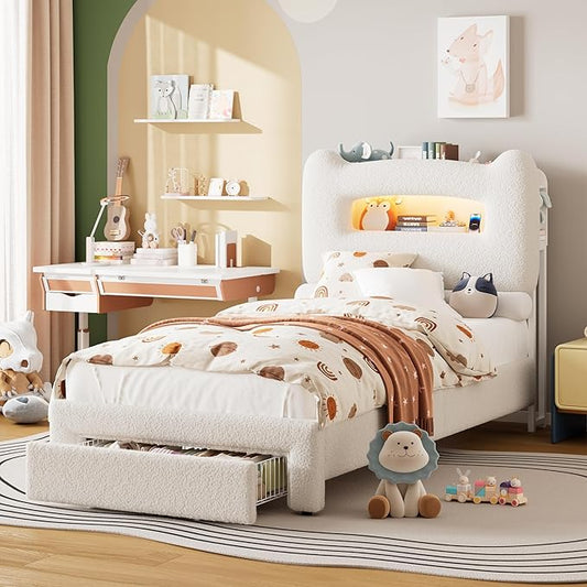 GarveeHome LED Twin Bed Frame with 2-Tier Storage Headboard, Upholstered Platform Bed with Charging Station and Drawer for Kids/Girls/Boys, Heavy Duty Metal Support, No Box Spring Needed, Beige