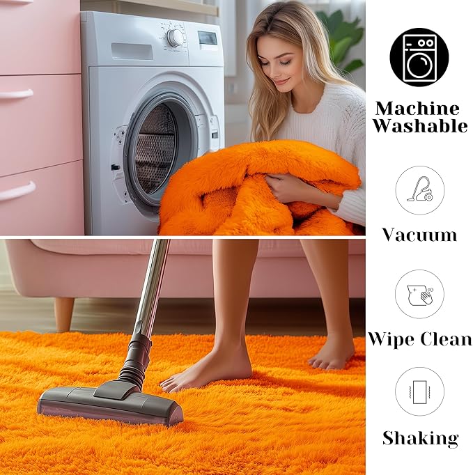 ONASAR Orange Area Rugs for Bedroom Living Room, Washable Fluffy 4x6 Indoor Bedside Floor Throw Rug, Soft Plush Shaggy Carpet for Nursery Kids Girls Boys Teen Dorm Home Office Decor Aesthetic