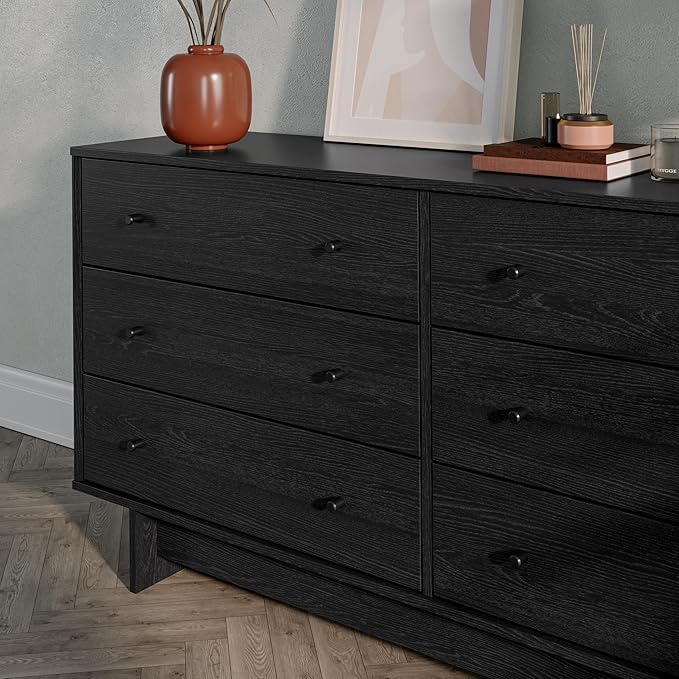 Prepac Finnley 6-Drawer Dresser in Black Oak, Dresser for Bedroom, Extra-Wide Chest of Drawers with Storage, Modern Clothing Organizer for Home, Bedroom, Living Room, 16" D x 61" W x 31" H
