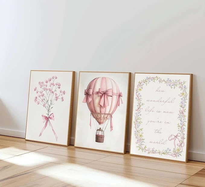 3Pcs Pink Nursery Wall Art Pictures Cute Baby Girls Room Posters Print Neutral Pink Bow Bouquet Hot Air Balloon Pastel Painting Wall Decor for Kids Room Little Girl Bedroom 12x16in Unframed