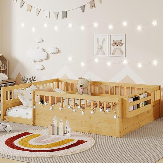 KEIKI Twin Size Floor Bed w/Light & Storage, Wood Montessori Platform Bed Frame w/Safety Rails, Space Saving Kids Beds for Boys Girls Bedroom Playing Room, Easy Assembly Bedframe, Noise Free, Brown